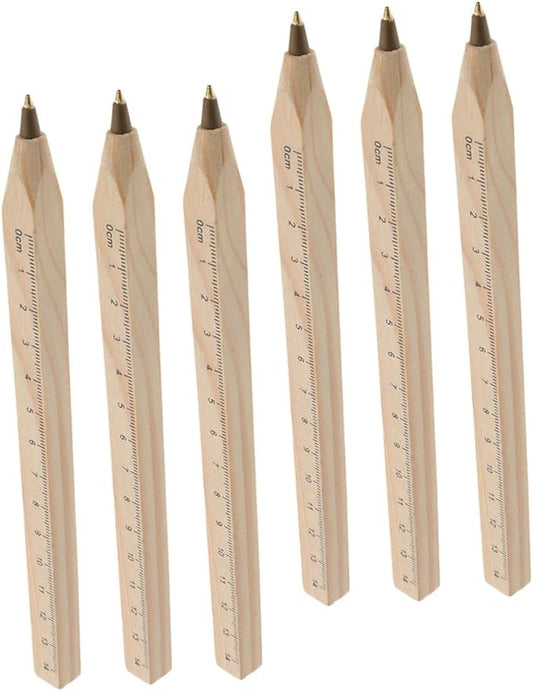 Zerodeko 6pcs Natural Wood Ballpoint Pens with Black Ink, Wooden Ruler Marking Pens for Carpenter and Technical Drawing, Eco-friendly Biodegradable Office Writing Set