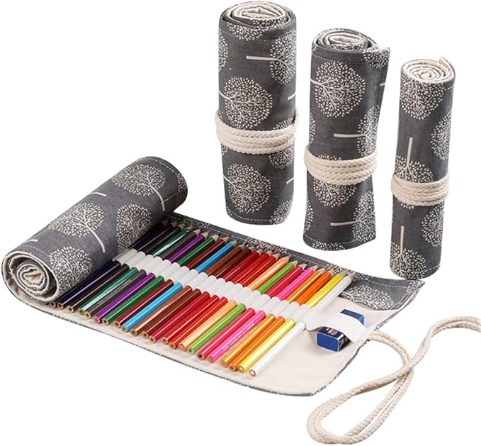 DIYOMR 24/36/72 Slots Pencil Wrap Pencil Rolls, Artist Colored Pencils Roll Up Bag Short Brushes Pouch Case Pencils Organizer for Drawing Coloring and Sketching (Trees, 72slots)