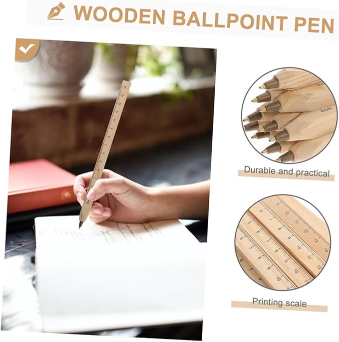20pcs Black Wooden Ballpoint Pens Set with Printed Ruler, Biodegradable Carpenter Marker Pens for Construction and Woodworking Supplies