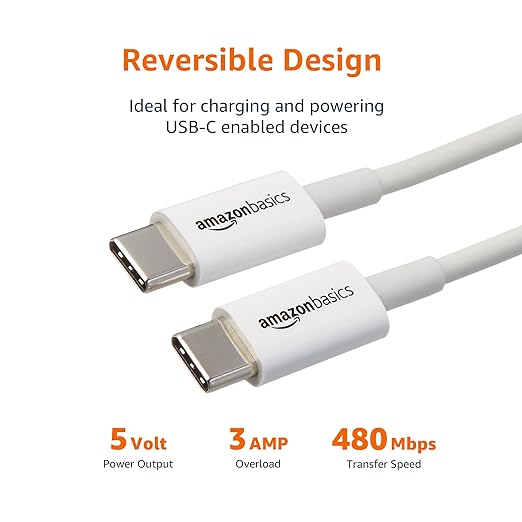 Amazon Basics USB-C to USB-C Fast Charger Cable, 480Mbps Speed, USB-IF Certified, for Fast Charging Apple iPhone 16/15, iPad, MacBook, Samsung Galaxy, Tablets, Laptops, 6 Foot, White