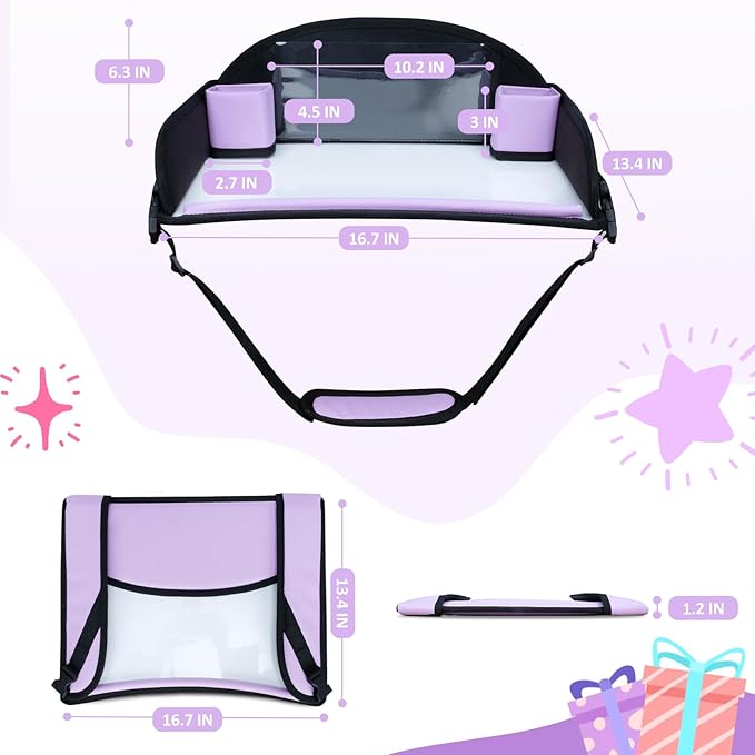 Kids Travel Tray for Toddler Carseat, Road Trip Activities Essentials for Toddler, Kids Lap Desk Tray with Tablet Holder Stand ＆ Dry Erase Board (Purple)