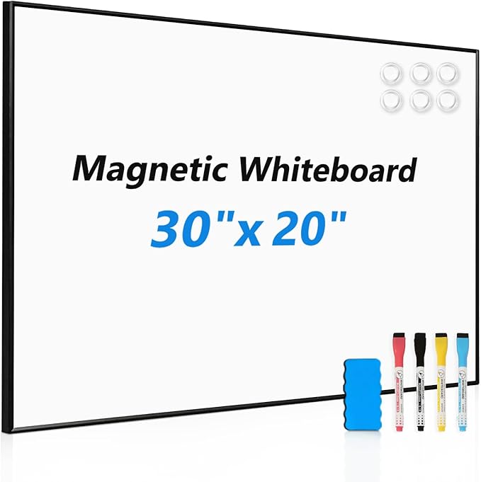 Dry Erase White Board, 30" x 20" Magnetic Whiteboard with Black Aluminum Frame, Hanging Writing Board for Home, Office, School