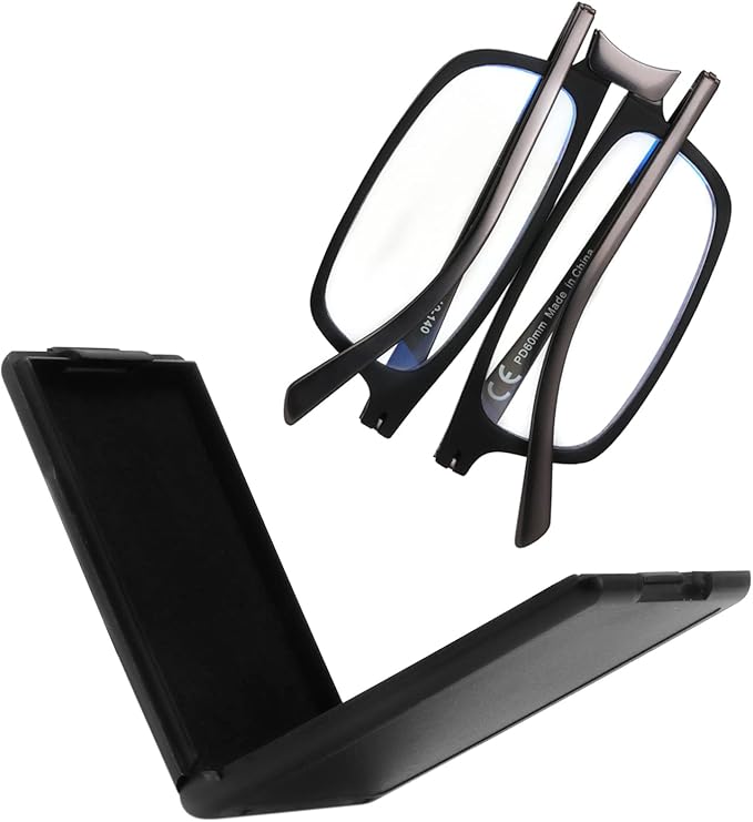 SKYOAK Evolved Folding Reading Glasses For Women Men Blue Light Blocking Anti UV Eyestrain Foldable Portable Compact Readers with Flat Hard Case Pocket Computer glasses 2.0 BLACK