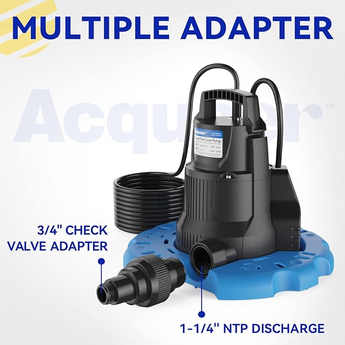 1/4 HP Automatic Swimming Pool Cover Pump, 2250 GPH Submersible Sump Pump with 3/4” Check Valve Adapter & 25ft Power Cord, Water Removal for Pool, Hot Tubs, Rooftops, Water Beds and more | Submersible Water Pump with 3/4” Check Valve Adapter & 25ft Pow...
