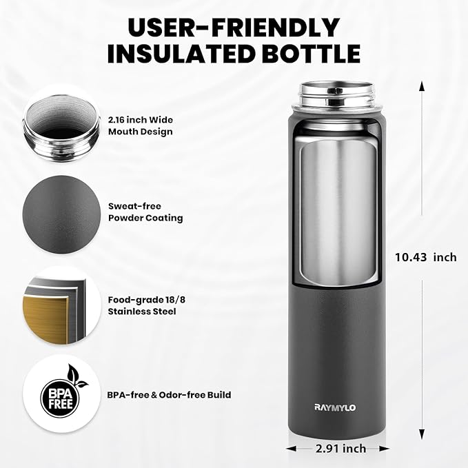 RAYMYLO Insulated Water Bottle 24oz, Triple Wall Vacuum Stainless Steel (Cold for 24Hrs, Hot for 12Hrs), Leak Proof & Non-BPA, 24oz Hydro Water Flask with Paracord Handle & Straw Spout Lids
