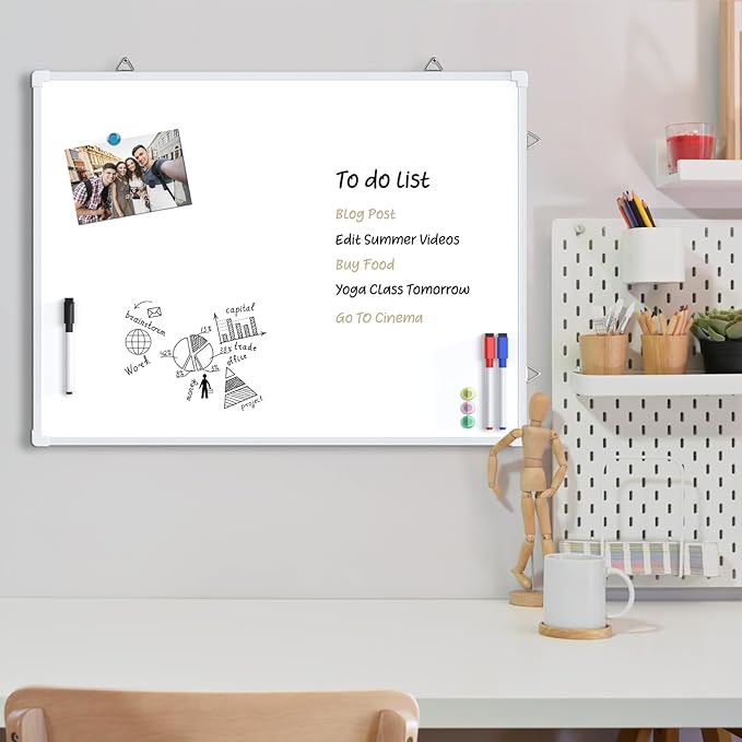 MaxGear White Board for Wall, 24" x 18" Double Sided Dry Erase Board, Magnetic White Board Hanging Whiteboard for Home, School, Office