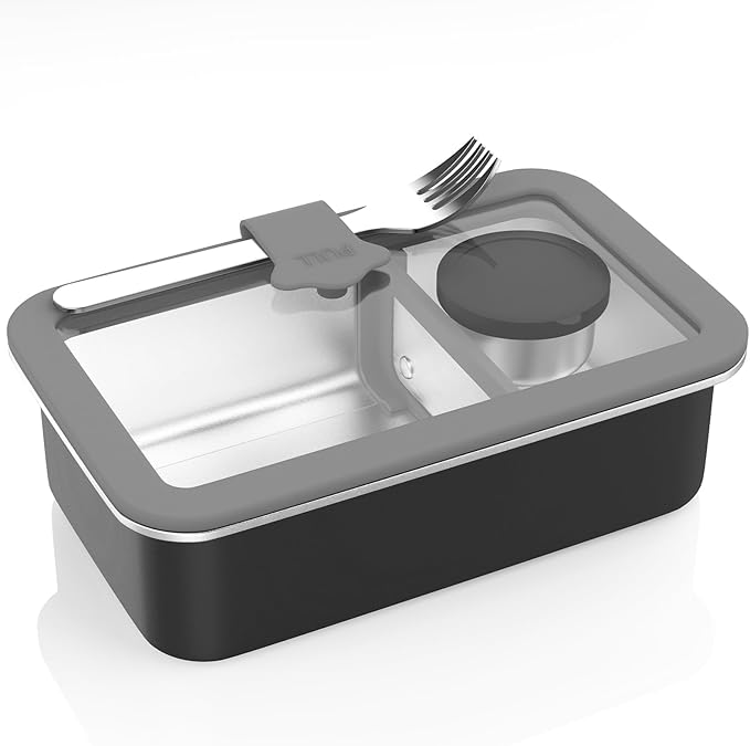 Bakpoco Stainless Steel Bento Box for Adult, 42oz Leak-Proof Lunch Box Containers with Adjustable Divider, Microwave-Safe, Metal Lunchbox with Glass Lid for Work Travel, Black