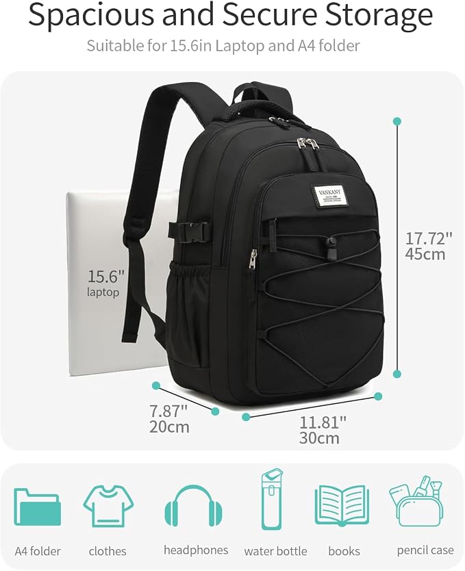 Black Backpack for Teens, Girls School Bookbag Aesthetic 15.6in Laptop Backpack for Commuter Women Students Middle High School, Black