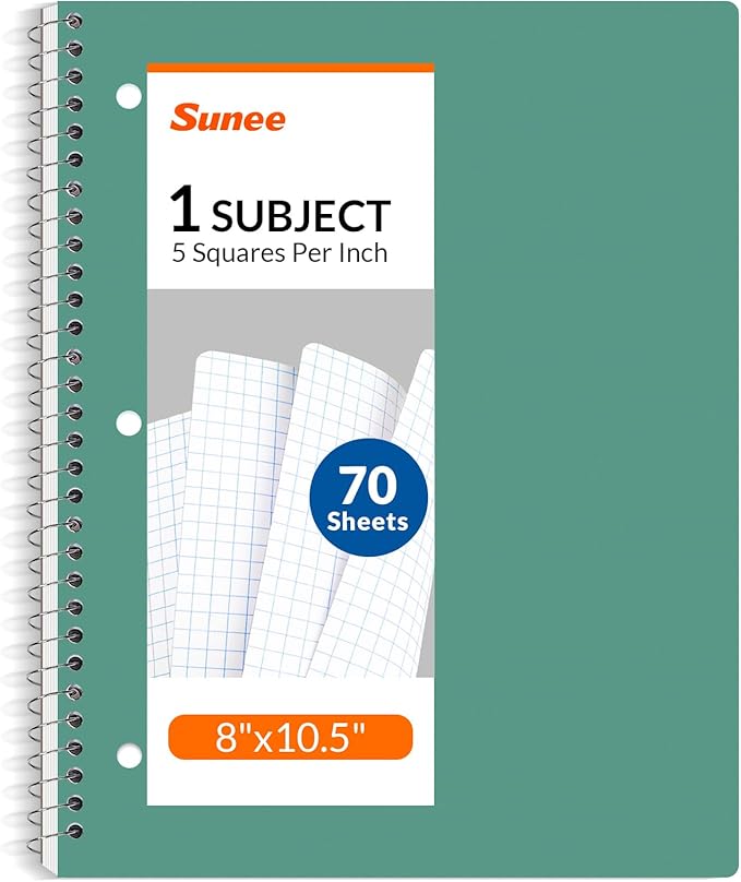 SUNEE Spiral Notebook, 1-Subject, Graph Ruled Paper, 8" x 10-1/2", 70 Sheets, 5 Squares per inch Spiral Grid Notebooks for Work, Home, School, Writing, Green