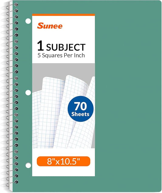 SUNEE Spiral Notebook, 1-Subject, Graph Ruled Paper, 8" x 10-1/2", 70 Sheets, 5 Squares per inch Spiral Grid Notebooks for Work, Home, School, Writing, Green