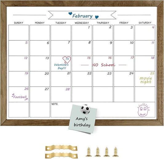 TORASO Dry Erase Monthly Calendar Whiteboard, Magnetic White Board for Wall, Office/School/Home, Solid Wood Frame Hanging Board for Decoration/Kitchen Grocery List，17.7"x 23.6"(YL-RB-4560-B)