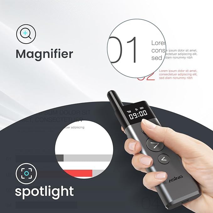 ASING Up to 980ft Long Range Wireless Presentation Remote, PowerPoint Clicker with Air Mouse, Volume Control, Spotlight and Magnifier Feature, Plug & Play for Windows/Mac,Ipad,Laptop & Keynote etc.