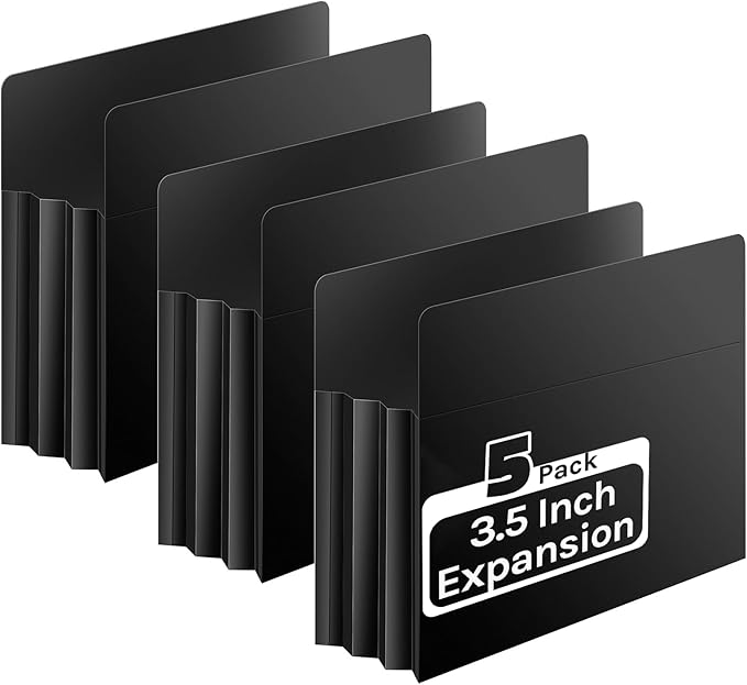 Ansook Expanding File Pockets,Heavy Duty 3.5”Expansion,5 Pack Extra Capacity File Pockets,Letter Size,Poly Folder,with Straight-Cut Tab,Holds 8.5" x 11" documents & Manila Folder