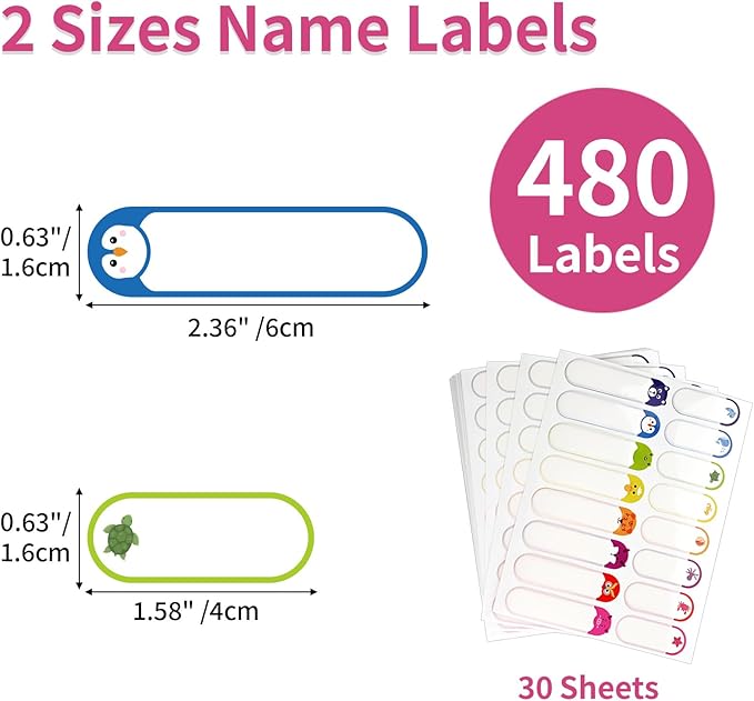 480 Pcs Labels for Kids Stuff Daycare, Waterproof Baby Name Label, Washable Bottle Labels, Reusable Self-Adhesive Tag Stickers for School Essentials, Self-Laminating Write-on