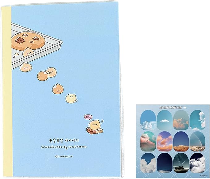 Kawaii Mini Korean Weekly Undated Planner + 1 dalgaru sticker sheet - 128 pages, Soft PVC Cover Cute Small stationery for school, academic, teens, women, girls (Cookie Dough (Blue))