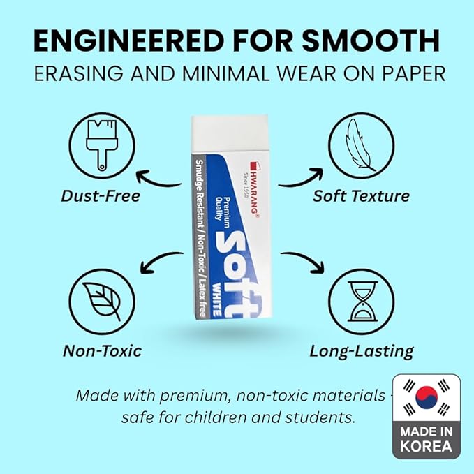 Hwarang Original Korean Art Eraser Set – Soft, Clean Erasing, Professional & School Supplies, Eco-Friendly, Quality Proven, Dust-Free, Smudge-Proof - 24 Erasers