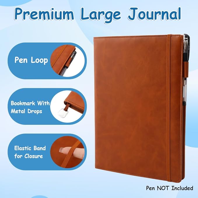 King Mills Hardcover Notebook 8.5 X 11 Inches, A4 Notebook Hardcover with Pen Loop, 192 Pages, 100GSM Premium Paper, A4 College Ruled Notebook w. PU Leather Cover, Brown