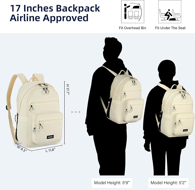 HanTrip 18 Inch Carry on Travel Backpack with Lots of Pockets, Offwhite | 15.6 Inch Laptop Sleeve, Luggage Strap, Water Bottle Pocket, 28 Liters, Lightweight, Water Resistant, 18x14x8 Medium Bookbag