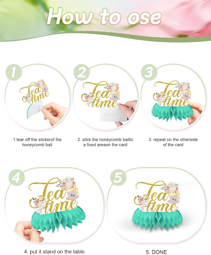 Tea Party Decorations, 9 Pcs Tea Party Table Decorations for Girls | 3D Tea Party Centerpieces for Tables, Floral Teapot Honeycomb Centerpieces for Birthday, Baby Shower Spring Party Supplies