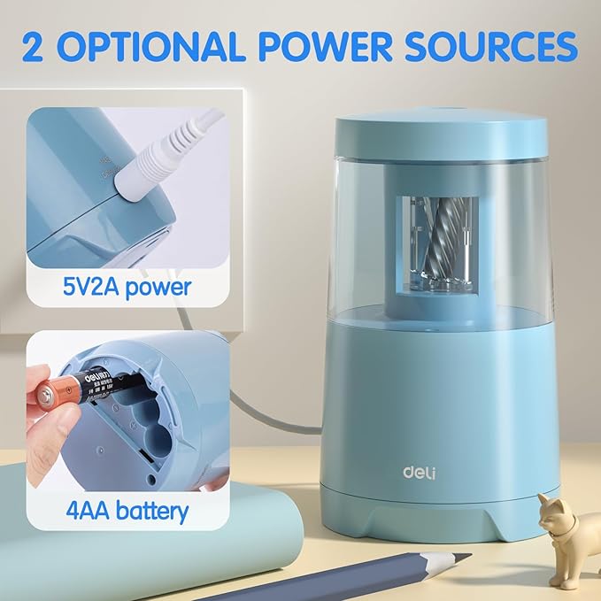 Deli Electric Pencil Sharpener, Automatic Pencil Sharpeners for No.2 Pencils Colored Pencils, Auto Stop, USB & Battery Operated for Students, Classroom, Home and Office, Blue
