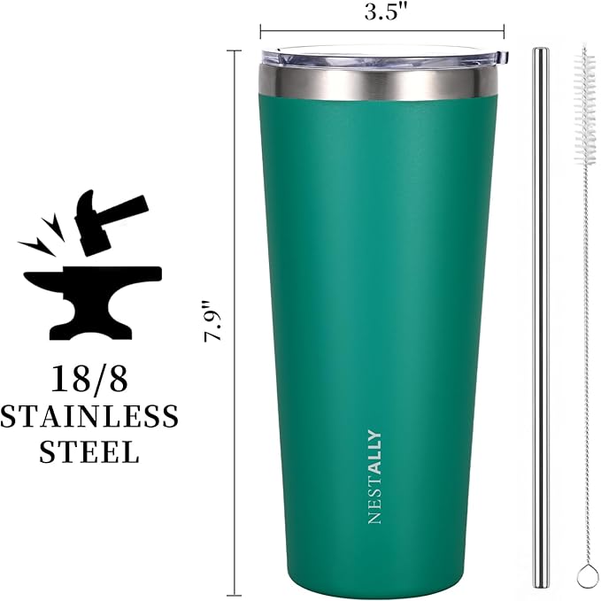 NESTALLY Coast 20oz Stainless Steel Tumbler, Extra Capacity Holds Up to 22oz, Double Wall Vacuum Insulated Travel Coffee Mug with Lid & Metal Straw, Leakproof Reusable Cup for Travel (Teal Green)