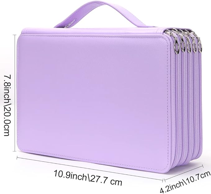 Vomgomfom 252 Slots Pencil Bag, 5-Layer Zipper Art Supply Organizer, PU Leather Portable Colored Pencil Case with Handle for 252 Watercolor Pens, Gel Pens (Purple)