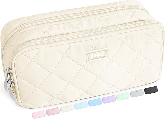 Sooez Large Pencil Case Pouch,Extra Big Pencil Bag with 8 Compartments,Pen Bag Wide Opening,Soft Quilted Pencil Pouch Organizer with Zipper,Portable Pencil Case for Teen Girls,Beige