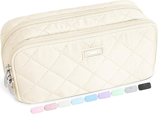 Sooez Large Pencil Case Pouch,Extra Big Pencil Bag with 8 Compartments,Pen Bag Wide Opening,Soft Quilted Pencil Pouch Organizer with Zipper,Portable Pencil Case for Teen Girls,Beige
