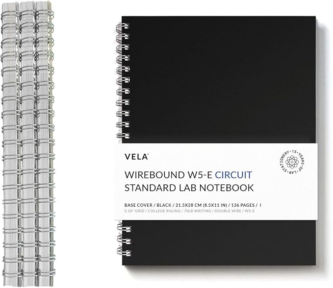 Vela Sciences W5 Wirebound Lab Notebook, 8.5 x 11 in (21.5 x 28 cm), 128 Pages, Double Wire Looped, 70lb Heavyweight Paper (3-Pack, Ruled +)