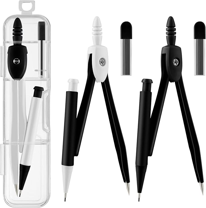 3 Packs Colorful Basic Metal Math Compass for Geometry Set,Extra Leads, Mechanical Pencil Desiged,Drawing Tools Compass for Students School Supplies and Office Supplies (Whit and Black)