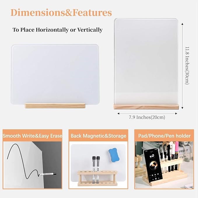 Glass White Board with Stand,Magnetic Mini Dry Erase Board for Desk,Small Desktop Whiteboard with Solid Wood Bracket