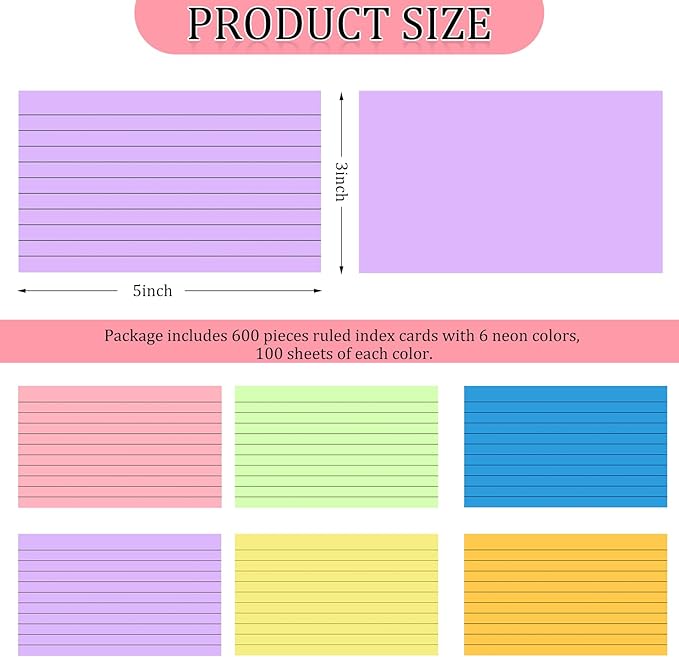 Tecmisse 600 Pieces Index Cards Rulded, Colorful Flash Cards 3 x 5 Index Card Bulk,Colored Index Cards 3x5, Note Cards Punched for School Learning, Office and Home Uses (Normal Thickness)