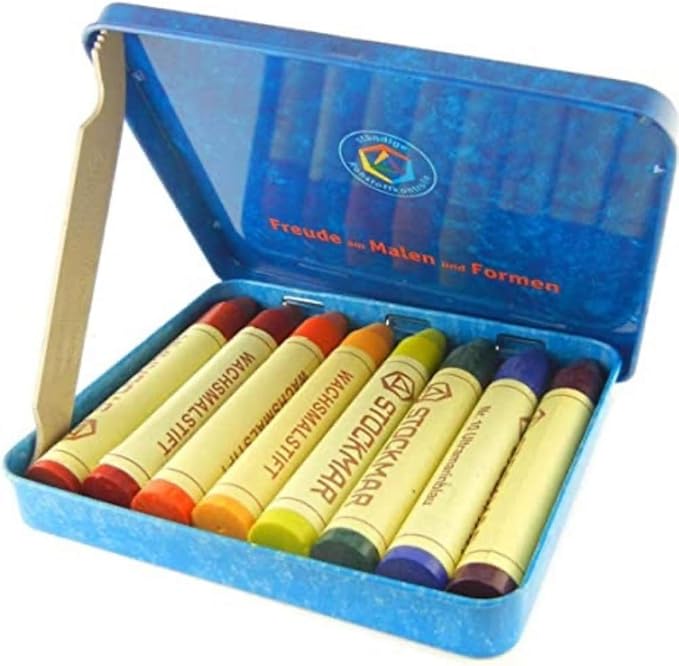Stockmar Beeswax Stick Crayons in Storage Tin, Set of 8 Colors, Waldorf Assortment