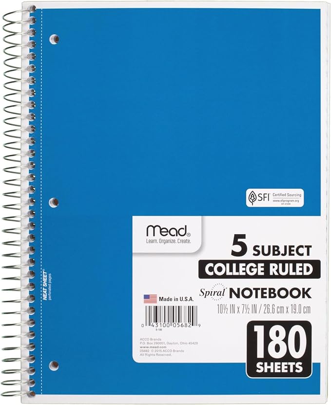 Mead Spiral Notebook, 5 Subject, College Ruled Paper, 180 Sheets, 10-1/2" x 8", Color Selected For You, 1 Count (05682)