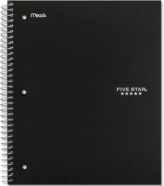 Five Star Spiral Notebook + Study App, 5 Subject, Wide Ruled Paper, 8" x 10-1/2", 200 Sheets, Fights Ink Bleed, Water Resistant Cover, Black (72045) (Pack of 2)