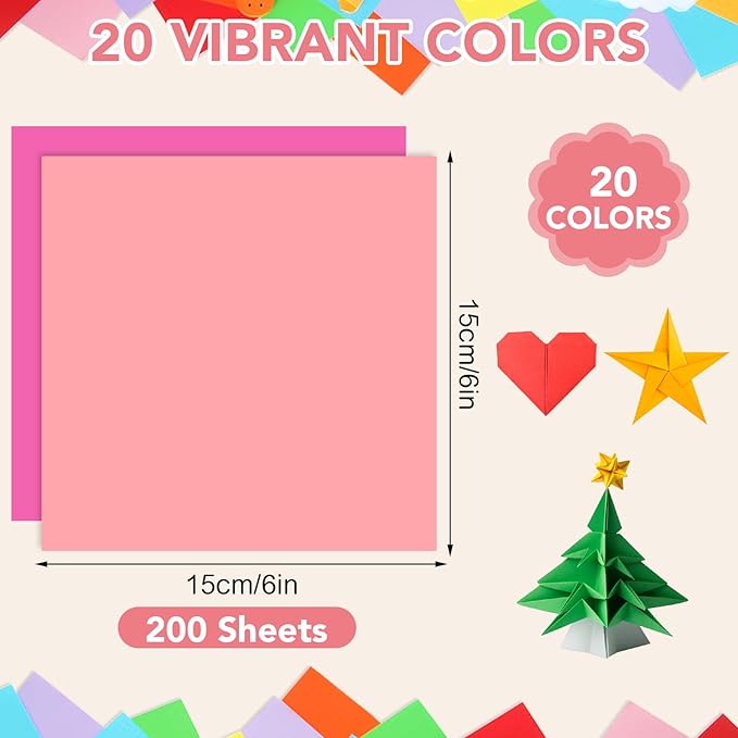 Prudiut Origami Paper 6x6in, 200 Sheets, 20 Colors, Square Craft for Arts and Crafts, Scrapbook Paper, Colored Paper, Origami Kit Supplies for Kids Ages 14+, Multi-Project Use