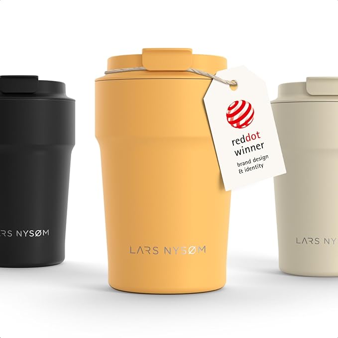 LARS NYSØM Thermo Coffee Mug to go 13oz | Travel Mug 0.38 Liter with Insulation | Silicone grip base | Leak Proof Stainless Steel Tumbler for Coffee and Tea on the Go (Powder Yellow, 13oz)