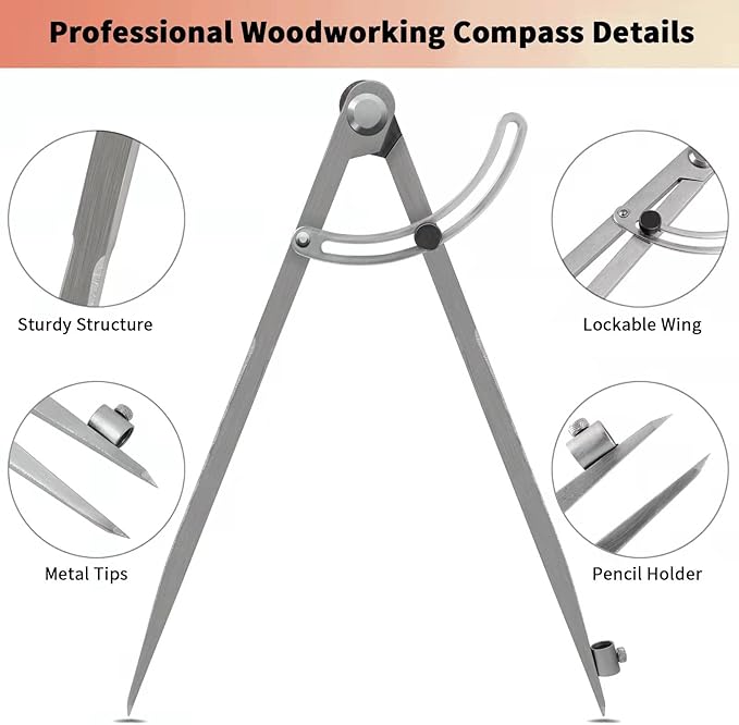 Compass for Geometry, 24 inch Compass for Woodworking, Precision Woodworking Compass with Wing Divider and Pencil Holder, Large Compass for Geometry, Drafting, Drawing Compass (24inch)