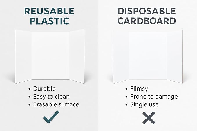 Reusable & Durable Plastic Trifold Board 24" x 16" - 5 Pack is Esay to Paint, Erase and Stick imagens. This Posterboard is Perfect for School Projects & Presentations.
