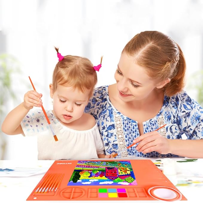 DIYDEC Silicone Craft Mat for Kids 20X16 Inch Large Painting Mat with Detachable Cup &10 Painting Brushes Silicone Art Mat for Boy Girl DIY Gift Accessories (Orange)