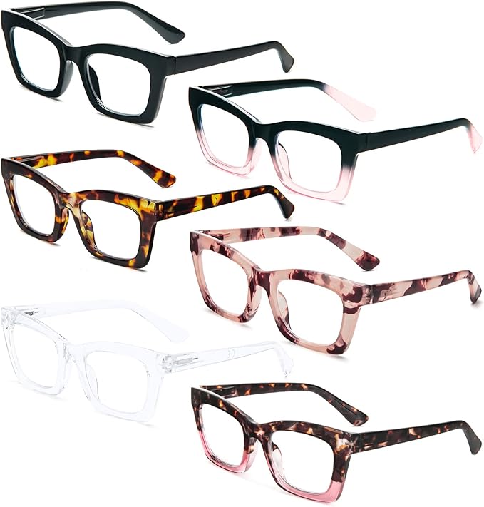 REAVEE 6 Pack Reading Glasses for Women Blue Light Blocking, Cute Square Computer Readers with Spring Hinge