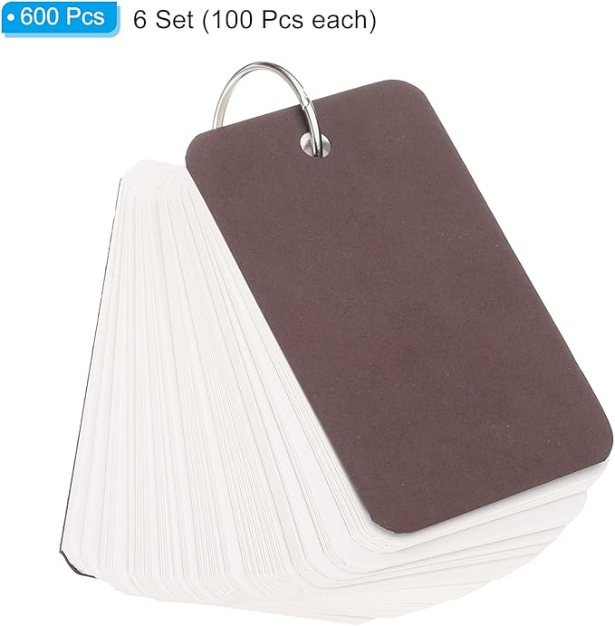 PATIKIL Blank Index Cards with Ring, 600Pcs Blank Flash Card 3.5x2" Study Note Cardstock for Memory Learning Studying Office Supplies, Dark Brown White