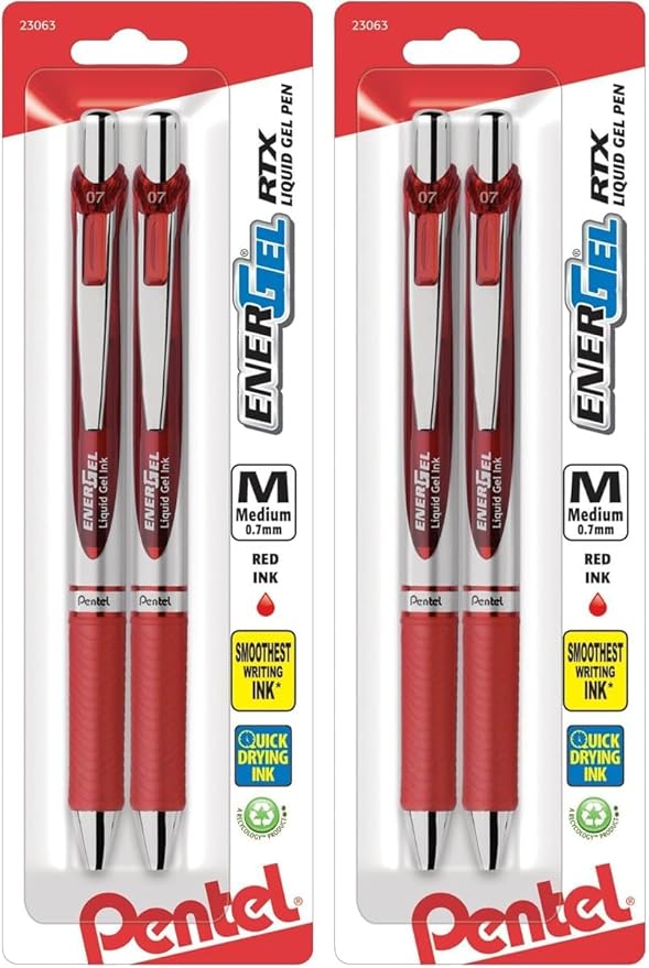 Pentel EnerGel Deluxe RTX Retractable Liquid Gel Pen,(0.7mm),Metal Tip,Red Ink,(BL77BP2B),2 Count (Pack of 2)