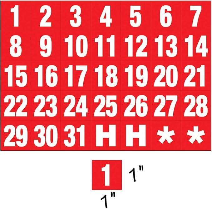 Magna Visual Calendar Dates 1" x 1" White on Red Magnets