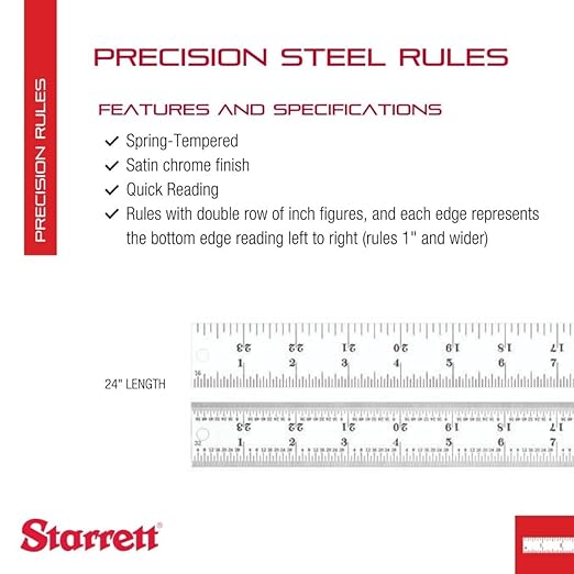 Starrett Spring Tempered Steel Rule with Satin Chrome Finish, Quick Reading, and Inch Graduation - 24" Length, 4R Graduation Type, 3/64" Thickness - C604R-24