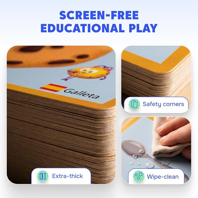 Kidrox 100 First Words Flash Cards for Toddlers, English with Spanish Learning Cards, Preschool Vocabulary & Speech Development Toy with Peek-a-Boo Sleeve for Memory Enhancement & Pattern Recognition