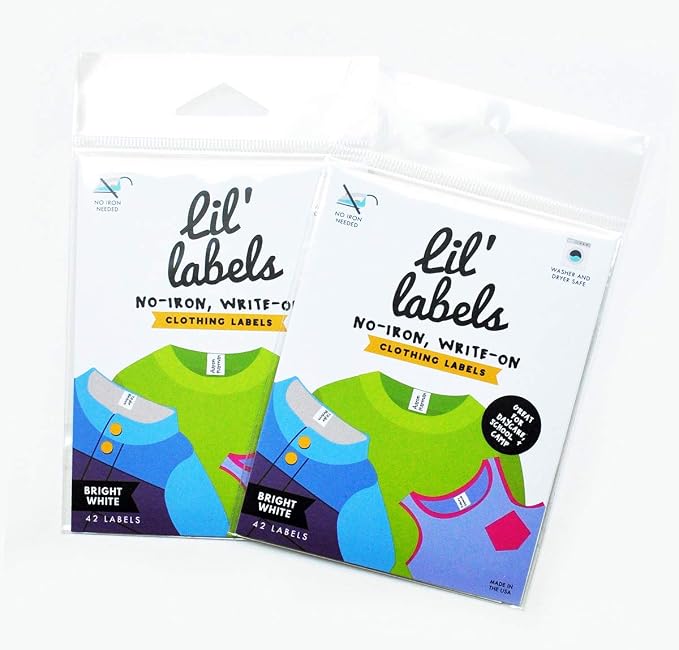 Lil' Labels Clothing Label Washable for Fabric, Write on Name, No Iron, Washer & Dryer Safe for Daycare & School, Set of 2