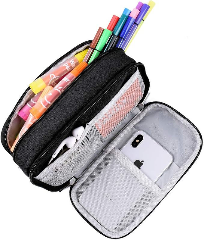 Large Capacity Pencil Case Big Storage Pencil Bag Pouch 3 Multifunctional Compartment Pen Marker Cases Holder Portable Office Stationery Organizer Supplies Makeup Bag, Black