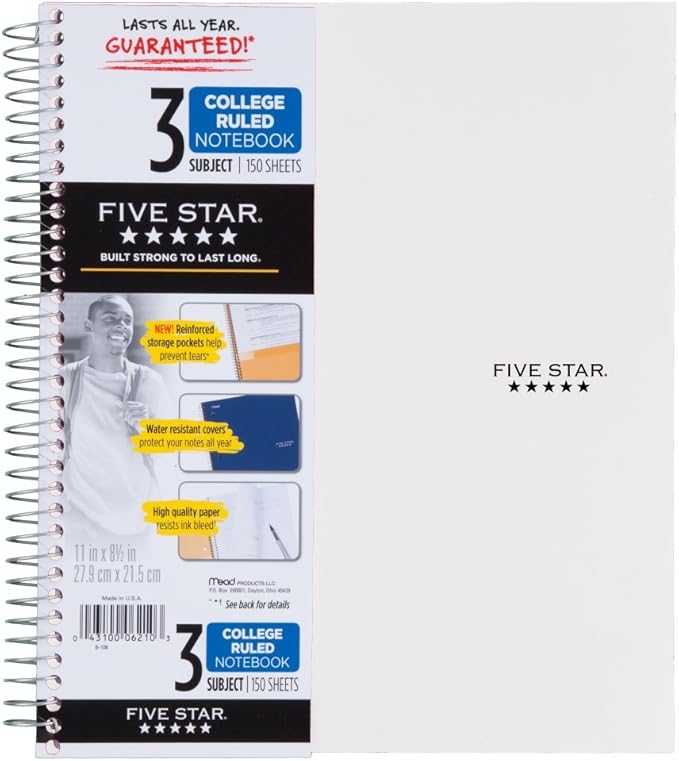 Five Star 06210 Wirebound 3-Subject Notebook, College Rule, 11 x 8 1/2, 150 Sheets, Assorted (Pack of 2)