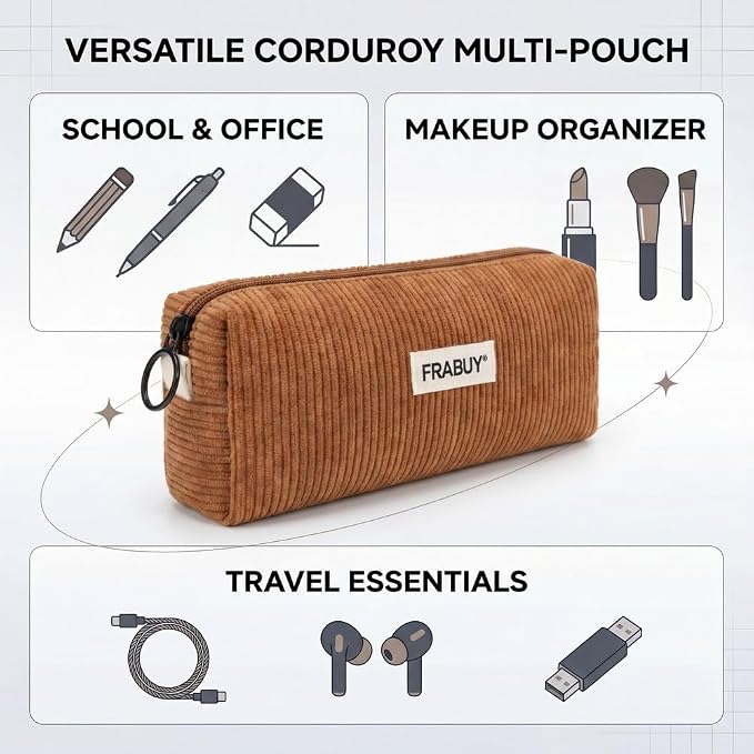Soft Corduroy Pencil Case Pen Pouch Organizer, Small Stationery Bag | Cute brown pencil pouch, smooth zipper, daily cosmetics holder, compact organizer for school teen girls, women